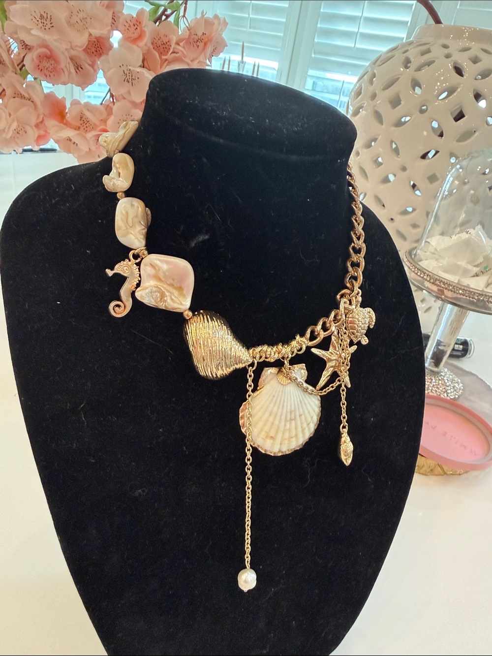 Handcrafted Gold Seashell Charm Statement Necklace - Women Jewelry